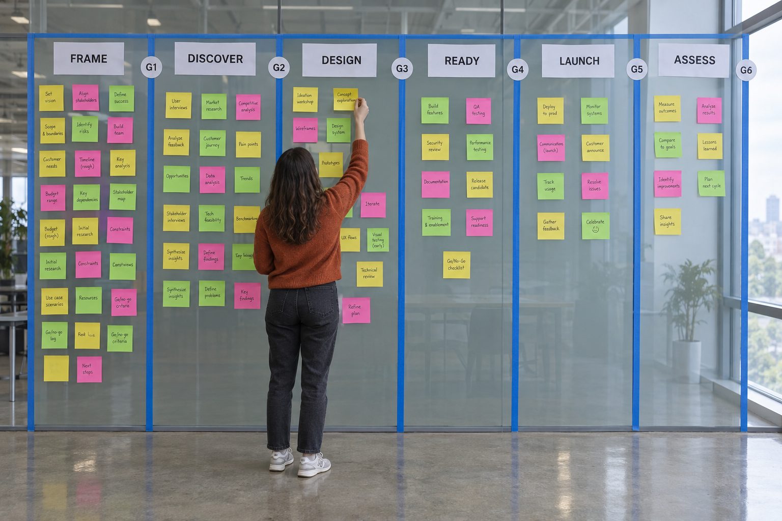 A glass wall planning board with six columns, FRAME to ASSESS, and gate markers G1 to G6
