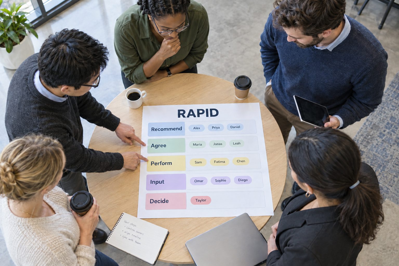 Seen from above, five colleagues around a standing table review a printed RAPID chart